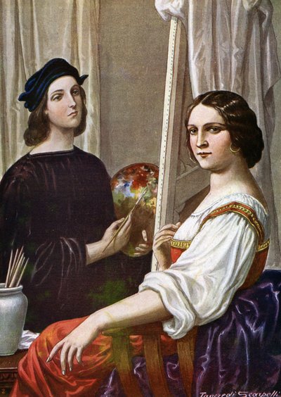 صورة للرسام رافائيل (رافائيل سانزيو 1483-1520) رسم فورنارينا (الرسام الإيطالي رافائيل والسيدة الشابة المسماة فورنارينا) رسم تانكريدي سكاربيللي (1866-1937) من "ستوريا ديتاليا" (تاريخ إيطاليا) للباولو جيودي بواسطة تانكريدي سكاربيللي