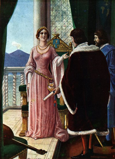 ملكة نابولي جوانا الثانية (جيوفانا دي نابولي أو أنجو دورازو) (1373-1435) عينت ابنها بالتبني لويس الثالث ملك أنجو (1403-1434) رسم تانكريدي سكاربيللي (1866-1937) من "" ستو بواسطة تانكريدي سكاربيللي