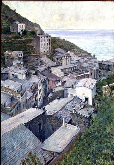 أسطح المنازل في Riomaggiore (زيت على قماش) بواسطة Telemaco Signorini