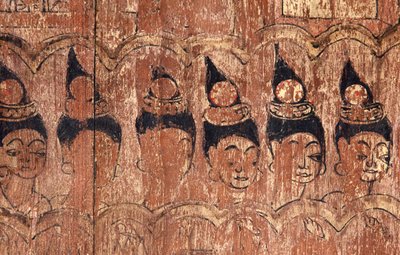 سلسلة من بنات المشي المطلية على طنف سقف Viharn Nam Tam (طلاء على الخشب) بواسطة المدرسة التايلاندية