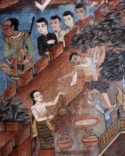 التفاصيل من لوحة جدارية في Viharn laikam في Wat Phra Singh بواسطة المدرسة التايلاندية