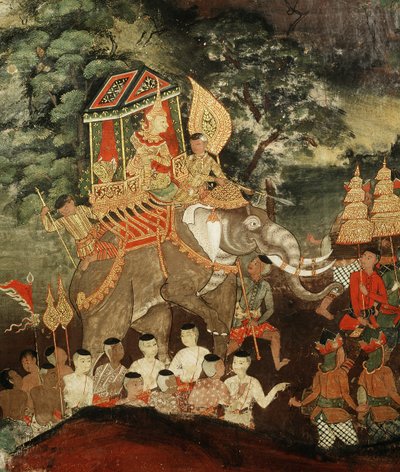 يلتقي الملك Vessantara على فيل أبيض مع Brahmins ، مشهد من Vessantara Jataka ، أوائل القرن التاسع عشر (قماش مطلي) بواسطة المدرسة التايلاندية