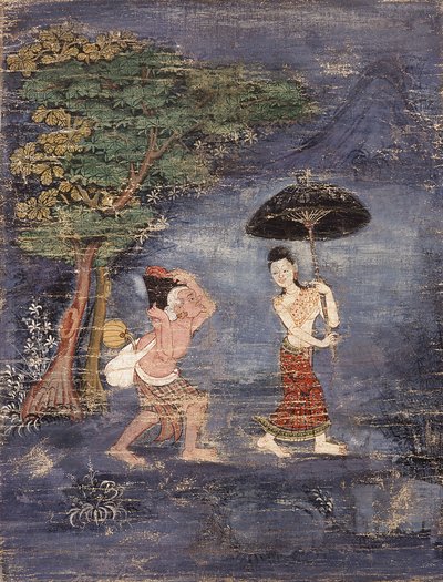 المسن Brahmin Jujaka يتبع زوجته الشابة (الرسم على القماش) بواسطة المدرسة التايلاندية