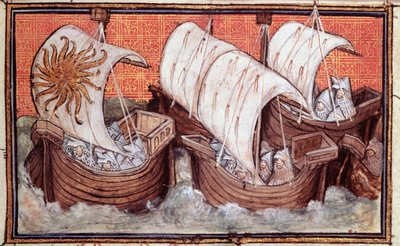 Harl 1319 f.18 رحيل أسطول ريتشارد الثاني من أيرلندا ، تاريخ ملك إنجلترا ، ريتشارد الثاني (ورق) بواسطة سيد فيرجيل