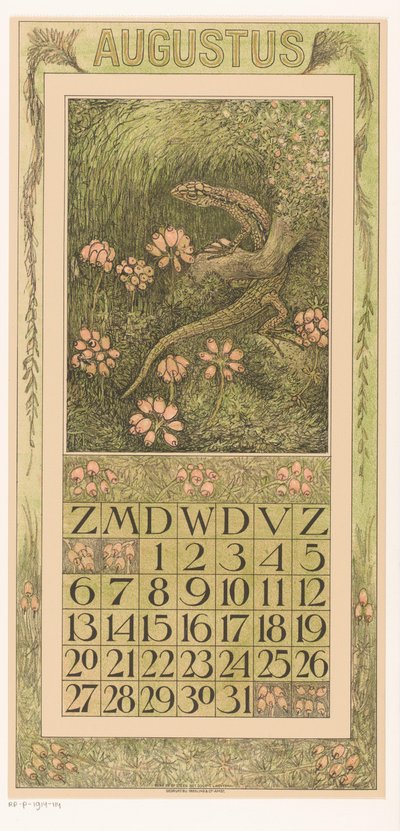 صفحة تقويم شهر أغسطس مع السحلية والخلنج التقويم 1911 12 طباعة حجرية بواسطة Th. الخامس. Hoytema (عنوان المسلسل) بواسطة ثيو فان هويتيما