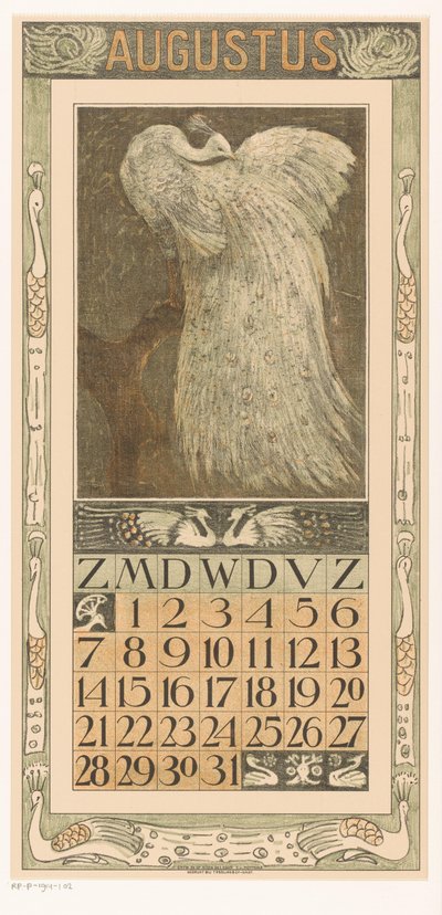 صفحة تقويم شهر أغسطس مع الطاووس الأبيض التقويم 1910 12 طباعة حجرية بواسطة Th. الخامس. Hoytema (عنوان المسلسل) بواسطة ثيو فان هويتيما