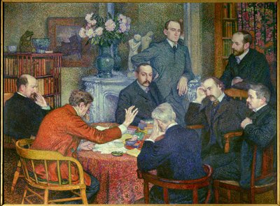 La Lecture (1903) ، نظمت حول إميل فيرهارين (1855-1916) ، الشاعر الاشتراكي البلجيكي ، الرسام كروس ، الكتاب موريس ميترلينك ، أندريه جيد وفرانسيس فييلي جريفين ، عالم الأحياء هنري غيون ، الطبيب فيليكس لو دانتك وفيليكس فينيون الذي يدخن سيجارة ، س بواسطة Théo van Rysselberghe