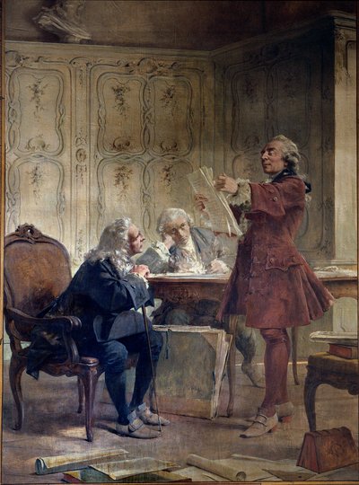 عالم الطبيعة والمشرف على Jardin du roi Georges-Louis Leclerc ، Count of Buffon (1707-1788) يقرأ الأوراق الأولى من صفقة التاريخ الطبيعي أمام عالم النبات Bernard de Jussieu (1699-1777) وعالم الطبيعة Edme-Louis دوبنتون (1732-17 بواسطة ثيوبالد شارتران