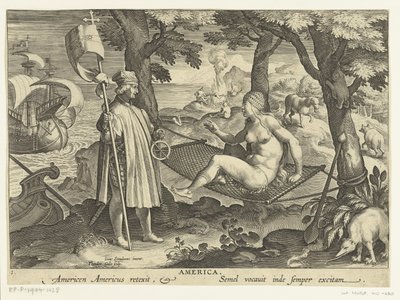 Amerigo Vespucci تطأ قدمها في أمريكا أمريكا. Americen Americus retexit. Semel vocauit inde sempre excitam (العنوان على الكائن) الاختراعات والاكتشافات الجديدة (عنوان السلسلة) نوفا ريبيرتا (عنوان المسلسل) بواسطة جان فان دير سترايت