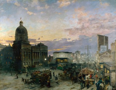 "" منظر لشارع واشنطن في إنديانابوليس عند الشفق "" لوحة بقلم تيودور جرول (1857-1913) 1892-1895 متحف إنديانابوليس للفنون ، الولايات المتحدة الأمريكية بواسطة ضغينة ثيودور