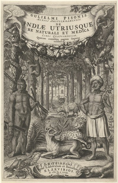 رجلان وحيوانات برية أمام الغابة صفحة العنوان لـ: Indiae Utriusque ، 1658 بواسطة Lowijs Elzevier (الثالث) ودانيال