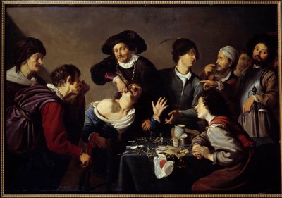 مزيل الأسنان طبيب أسنان يحيط بمساعديه والأدوات تمزق أسنان المريض. الرسم بواسطة ثيودور رومبوتس بواسطة روايات ثيودور