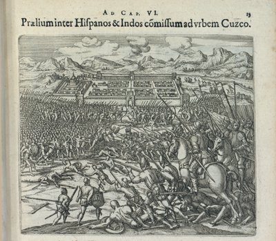 معركة بين الإسبان والهنود عند أبواب كوزكو عام 1596. بواسطة ثيودور دي بري