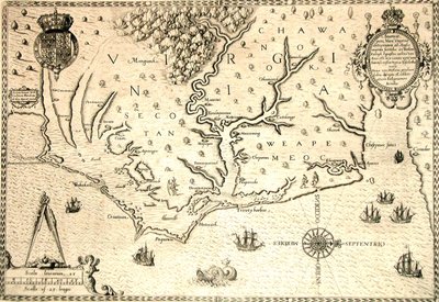 خريطة عام 1590 نقشها ثيودور دي بري بعد الألوان المائية للمستعمر الإنجليزي جون وايت ، حاكم رونوك. فرجينيا والساحل مع الجزر الصغيرة ورونوك عند مصب النهر. أراضي Secotan و Weapemeoc الأصلية. بواسطة ثيودور دي بري