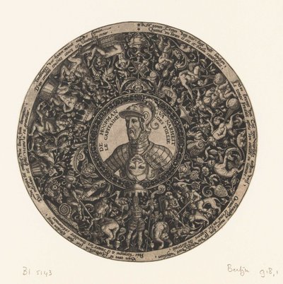 ميدالية عليها تمثال نصفي لقائد الحماقة، ثيودور دي بري، حوالي 1577 - حوالي 1578 بواسطة ثيودور دي بري