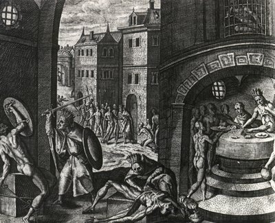كاهن يقتل ضحية قتال مزيف ثم جلد جسد ، المكسيك ، نقش من Peregrinationes ، بقلم تيودور دي بري (1528-1598) ، أمريكا الوسطى بواسطة ثيودور دي بري