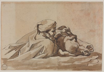 رجل يمسك بحصان في الماء، بعد لوحة "الطوفان" لبوسين (على الوجه)، حوالي 1816 (قلم وحبر بني وفرشاة وغسل بني على الجرافيت) بواسطة ثيودور جيريكولت