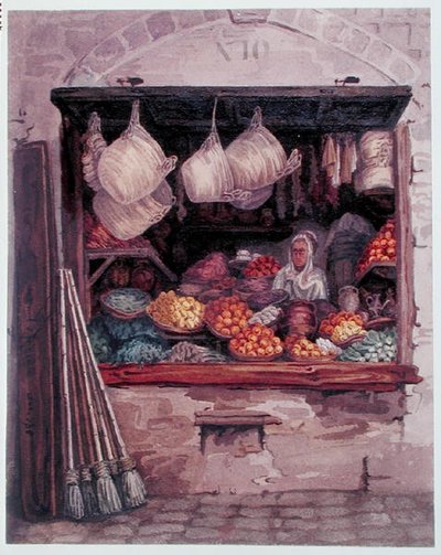 امرأة تبيع الفاكهة والخضروات ، الجزائر العاصمة ، حوالي 1835 (ألوان مائية على ورق) بواسطة ثيودور ليبلانك