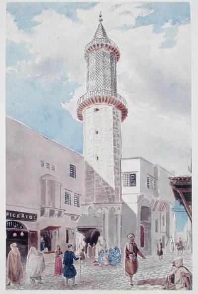 مئذنة الجامع في شارع شارتر وشارع باب عزون ، الجزائر (ألوان مائية على ورق) بواسطة ثيودور ليبلانك