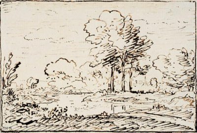 منظر طبيعي مع ثلاث أشجار طويلة على ضفة نهر بواسطة Theodore Rousseau