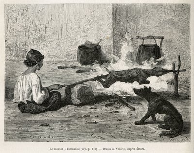 شاب من الجبل الأسود يشوي خروفًا مع الألباني ، ويجلس أمام النار ويقلب الدبوس الخشبي باستمرار. نقش بعد رسم فاليريو ، لتوضيح الرحلة إلى دالماتيا ، بقلم تشارلز يريارت ، في عام 1874 ، نُشر في "" Le tour du mon بواسطة ثيودور فاليريو