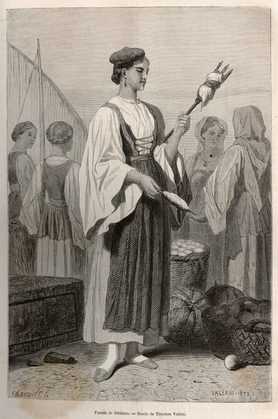 امرأة من سيبينيكو (صربيا) تستخدم مغازل لغزل الصوف في ساحة السوق. نقش بعد رسم ثيودور فاليريو ، لتوضيح قصة عن دالماتيا ، بقلم تشارلز يريارت ، في عام 1874 ، نُشر في "" Le tour du monde "" "1876 ، من تحرير إيدو بواسطة ثيودور فاليريو