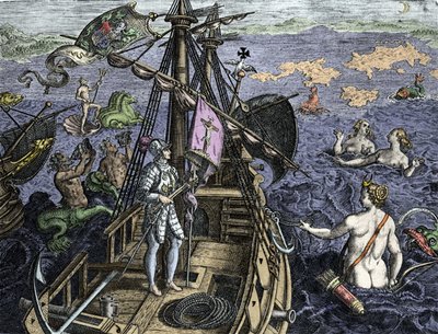 Allegoric des voyages of Christopher Columbus (1451-1506) ، نقش من "تاريخ أمريكا أو العالم الجديد" بقلم تيودور دي بري (1527-1598) ، أمستردام 1594 بواسطة تيودور دي بري