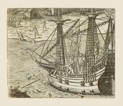 بارتولوميو دياز يعلق بعض الهنود على كارافيل ، نقش بواسطة ثيودور دي بري (1528-1598) من أمريكا بواسطة تيودور دي بري