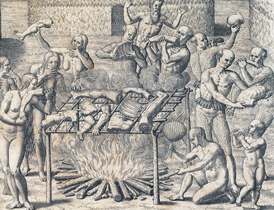 أكل لحوم البشر للقبائل في داخل البرازيل ، نقش من التاريخ الأمريكي بقلم تيودور دي بري (1528-1598) ، فرانكفورت ، أمريكا الجنوبية بواسطة تيودور دي بري