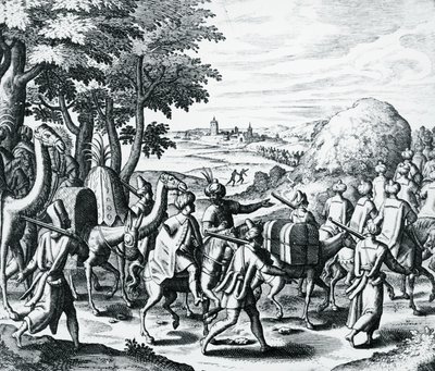 قافلة التجار العرب المسافرين من حلب إلى البصرة ، نقش من Grands and Petits Voyages ، بقلم تيودور دي بري (1528-1598) ، الشرق الأوسط بواسطة تيودور دي بري
