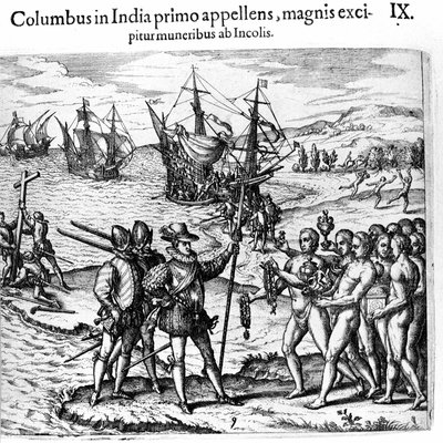 كريستوفر كولومبوس يصل إلى جزر الهند الغربية. نقش لثيودور دي بري في "" Admirante Narratio - Americae "" بواسطة تيودور دي بري