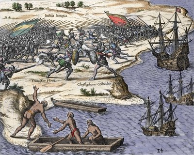 رحلة كريستوفر كولومبوس الرابعة إلى جامايكا في 1502-1504: معركة ضد فرانسيسكو بوراز. نقش من "Historia Americae sive Novi Orbis" بقلم تيودور دي بري (1527-1598) ، أمستردام 1594. بواسطة تيودور دي بري