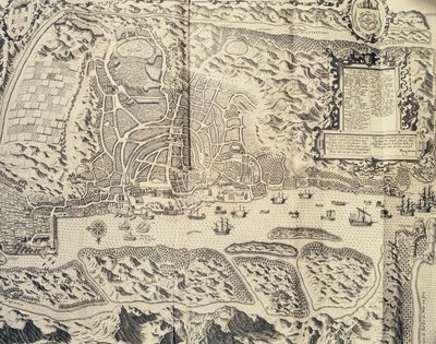 مدينة غوا في الهند ، نقش لثيودور دي بري (1528-1598) من حساب السفر لرحلة البحار جان هيغن فان لينشوتن إلى الهند الشرقية البرتغالية 1579-1592) ، القرن السادس عشر بواسطة تيودور دي بري