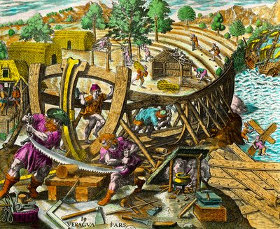 بناء قارب للملاح الإسباني فاسكو نونيز دي بالبوا (1475-1517) نقش من "تاريخ الأمريكتين" لثيودور دي بري (1528-1598) القرن السادس عشر. مجموعة خاصة بواسطة تيودور دي بري