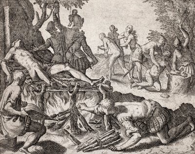 وصف الجرائم التي ارتكبها المستوطنون الإسبان على الهنود - مشهد تعذيب الغزاة الإسبان للهنود. تعذيب على شواية ، بتر اليدين - نقش لثيودور دي بري في "" Narratio regionum indicarum per Hispanos quosdam devastataru بواسطة تيودور دي بري