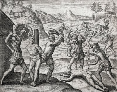 وصف الجرائم التي ارتكبها المستوطنون الإسبان على الهنود - تعذيب الإسبان للهنود - نقش لثيودور دي بري في "بريفيزيما ريلاسيون دي لا ديستروكشن دي لاس إندياس" بقلم بارتولومي دي لاس كاساس (1484-1566) بواسطة تيودور دي بري