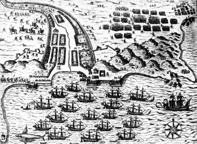 استولى دريك على القارب "سانت جياكومو" في جزيرة كابو فيردي ، في عام 1585 ، بواسطة دي بري بواسطة تيودور دي بري