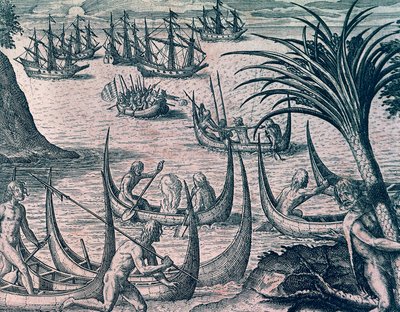 السفن الهولندية في مضيق ماجلان ، نقش من التاريخ الأمريكي بواسطة ثيودور دي بري (1528-1598) ، فرانكفورت بواسطة تيودور دي بري