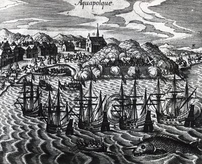 أسطول الجاليون في ميناء أكابولكو ، بقلم تيودور دي بري (1528-1598) ، نقش بواسطة تيودور دي بري