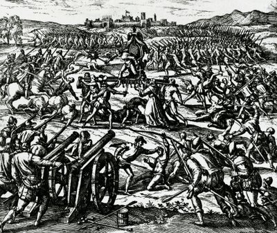 قوات فرانسيسكو بيزارو (حوالي 1475-1541) تستولي على إمبراطور الإنكا أتاهوالبا خلال معركة كاخاماركا ، 16 نوفمبر بواسطة تيودور دي بري