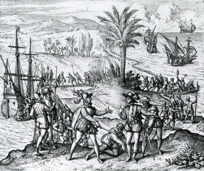 وصول فرانسيسكو دي بوباديلا كمحافظ واعتقال كريستوفر كولومبوس (1451-1506) في هيسبانيولا ، 1500 ، 1590 بواسطة تيودور دي بري