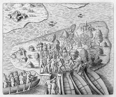 تم القبض على هانز ستادن من قبل هنود توبينامبا خلال رحلته إلى البرازيل ، 1552 ، من "Newe Welt und Americanische Historien" من قبل يوهان لودفيج جوتفريد ، نشره Mattaeus Merian ، فرانكفورت ، 1631 (eng بواسطة تيودور دي بري
