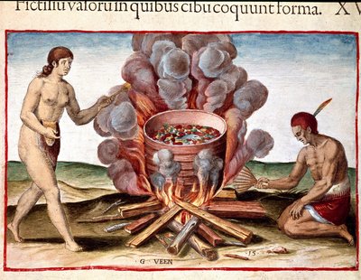 تاريخ أمريكا: "سمك الطهي الهندي" نقش من "Admirante Narratio Americae" بقلم ثيودور دي بري (1528-1598) بواسطة تيودور دي بري