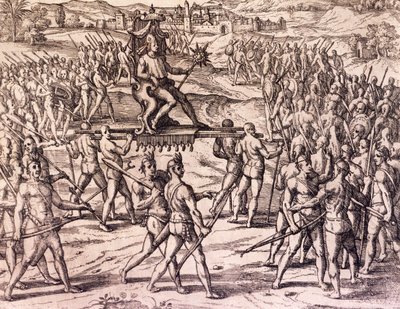 هزم إمبراطور الإنكا أتاهوالبا على يد فرانسيسكو بيزارو (1475-ca 1541) القوات الإسبانية ، بيرو ، نقش من التاريخ الأمريكي بواسطة ثيودور دي بري (1528-1598) ، فرانكفورت بواسطة تيودور دي بري