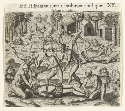 يسكب الهنود الذهب السائل في فم الإسباني ، 1594. بواسطة تيودور دي بري