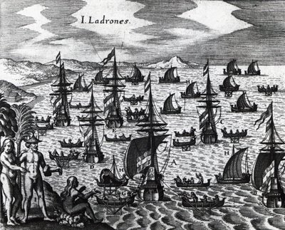 Islands of Thieves (Islas de los Ladrones, today Marianas islands), engraving from Peregrinationes, by Theodor de Bry (1528-1598). 16th century بواسطة تيودور دي بري