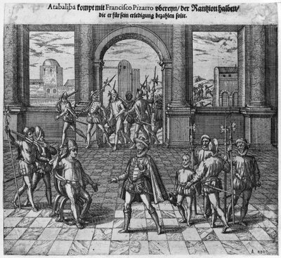 الملك أتاهوالبا (c.1502-33) يعالج فديته مع فرانسيسكو بيزارو ، 1533 (النقش) (وزن الصورة) بواسطة تيودور دي بري