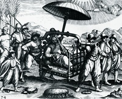 البرتغالية في الهند ، يتم نقلها على القمامة ، نقش من Peregrinationes ، بواسطة تيودور دي بري (1528-1598) ، الهند بواسطة تيودور دي بري