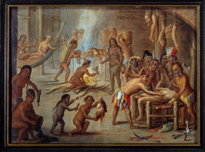 مشهد أكل لحوم البشر في البرازيل عام 1644 التهم الهنود أعدائهم وسجناءهم. لوحة رسمها جان فان كيسيل ديت لو فيو (1626-1679) (ec.flam.) من رسم توضيحي لرحلات ثيودور دي بري إلى البرازيل. الشمس. 0،18x0،24 م لاروشيل ، متحف د بواسطة تيودور دي بري