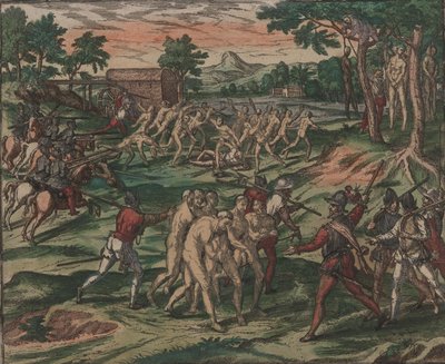 حاول العبيد التغلب على أصحابهم الإسبان ، ولكن تم أسرهم وتعليقهم من الأشجار ، 1595. بواسطة تيودور دي بري
